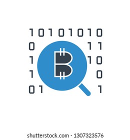 magnifier bitcoin and binary number icon