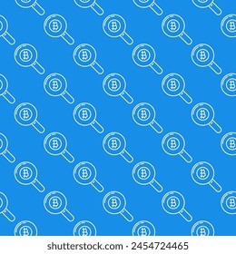 Lupa con Vector de signo de Bitcoin Concepto de Búsqueda de criptomoneda patrón sin fisuras en estilo de línea fina