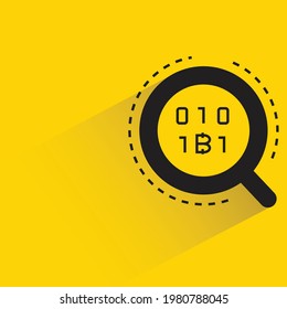 magnifier and bitcoin symbol with shadow on yellow background