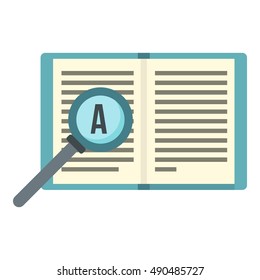 Magnifier and book icon in flat style isolated on white background. Reading symbol vector illustration