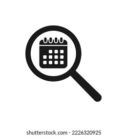 Magnifier and calendar. Search schedule, finding agenda flat icon isolated on white background. Vector illustration