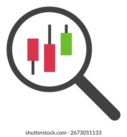 Lupa com vetor de Candlestick Chart ícone ou sinal de conceito de Negociação e Investimento