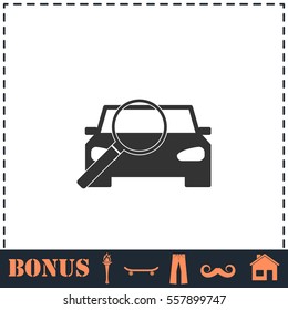 Magnifier car icon flat. Simple vector symbol and bonus icon
