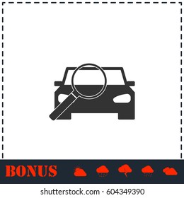 Magnifier car icon flat. Simple vector symbol and bonus icon