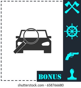 Magnifier car icon flat. Simple vector symbol and bonus icon