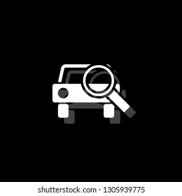 Magnifier car. White flat simple icon with shadow