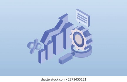 Magnificador y gráfico con flecha hacia arriba, análisis de negocio y crecimiento financiero.sobre fondo azul.diseño 3D.diseño vectorial isométrico Ilustración.
