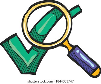 Magnifier check mark icon in color drawing. Zoom find locate approved decisions voting