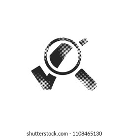 Magnifier check mark icon in halftone style. Black and white monochrome vector illustration.