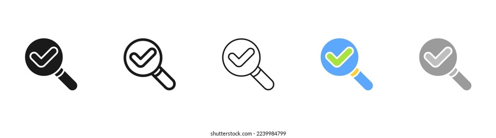 Magnifier with a checkmark. Check mark, tick, search, research, work, report, secretary, employee. Business concept. Vector five icon in different style on white background