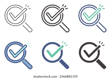 Magnifier with checkmark icon. Magnifying glass inspecting analysis check vector graphic elements. Search success