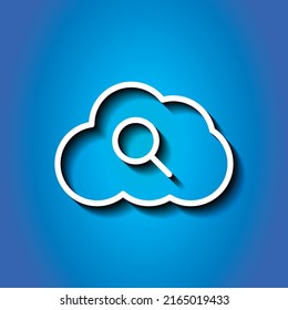 Magnifier, cloud simple icon vector. Flat design. White icon with shadow on blue background.ai