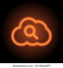 Magnifier, cloud simple icon vector. Flat design. Orange neon on black background.ai