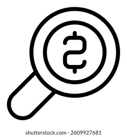 Magnifier with coin line icon, financial advice concept. Vector graphics. Loupe, money sign on white background, style mobile or design