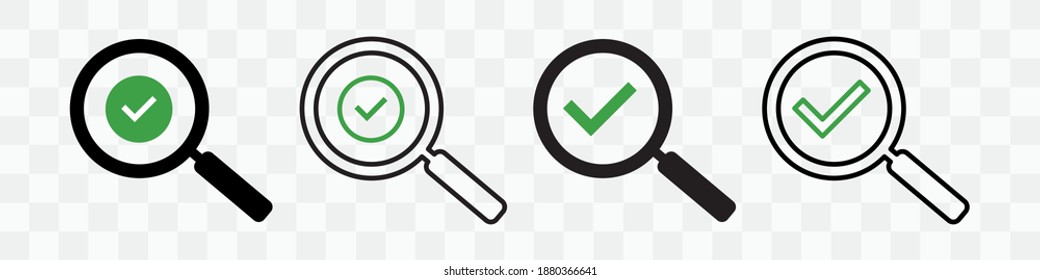 Ampliador con icono de confirmación. Juego de gafas de aumento con iconos de marca de marca de graduación. Ampliador con signo de contorno de marca de verificación, icono de búsqueda correcto. Ilustración vectorial.
