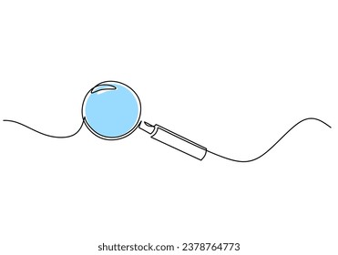 Magnifier continuous one line drawing. Searching and find solution object. Vector illustration isolated on white background. Minimalist design handdrawn.