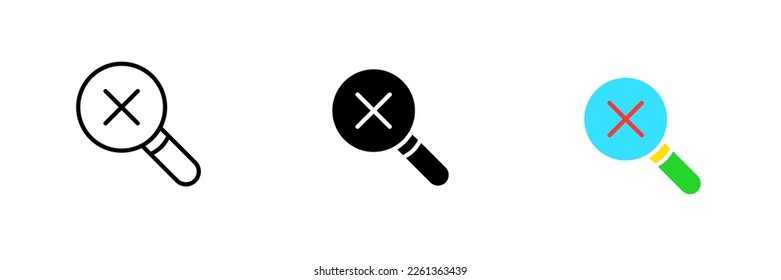 Magnifier with a cross. Cancel, deny, prohibit, prohibition, research, documents, file management. Vector set icon in line, black and colorful styles isolated on white background