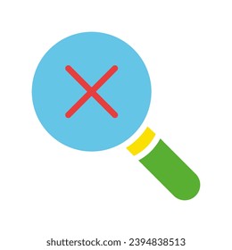 Magnifier with a cross. Study, research, survey, ban, prohibit, deny, delete, negative result, disagree, limited access, science, scientist, student. Colorful icon on white background