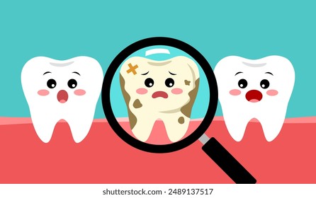 Lupa lindo diente con cavidad Ilustración vectorial de personajes de dibujos animados. Problema dental.