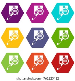 Magnifier and diskette icon set many color hexahedron isolated on white vector illustration
