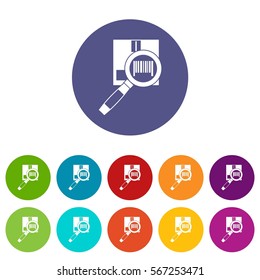 Magnifier and diskette set icons in different colors isolated on white background