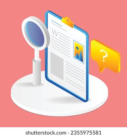 Icono de ampliación y documento. 3.ª ilustración vectorial isométrica