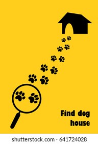 Magnifier with dog, paw trail and house. Find dog house. Flat style.