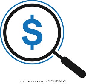 Magnifier and dollar icon. Vector illustration. Blue version  