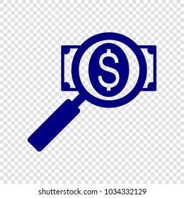 Magnifier and dollar icon. Vector. Navy blue flat icon on transparent background.