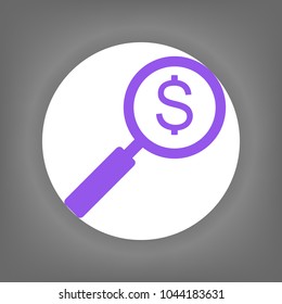 Magnifier and dollar icon. Vector. Violet icon on white circle with shadow at gray background.