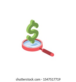 Magnifier Dollar Search. Vector 3d isometric, color web icon, new flat style. Creative illustration design, idea for infographics.