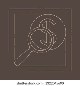 Magnifier and dollar. Stylized intermittent image, emblem, symbol, icon on a brown background. Vector illustration