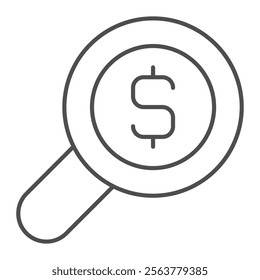 Magnifier with dollar thin line icon, financial advice concept. Vector graphics. Money and magnifying glass sign on white background, outline style icon for mobile or web design