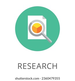 Magnifier examining document with pie chart flat vector icon. Cartoon drawing or illustration of symbol of research or business on white background. Analysis, information, marketing concept