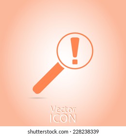 Magnifier with exclamation mark. Flat style. Made in vector