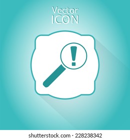 Magnifier with exclamation mark. Flat style. Made in vector
