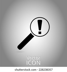 Magnifier with exclamation mark. Flat style. Made in vector