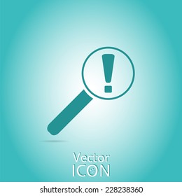 Magnifier with exclamation mark. Flat style. Made in vector