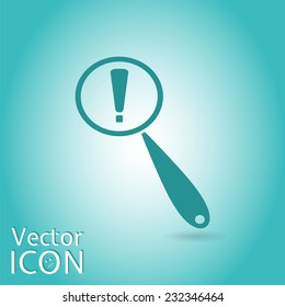 Magnifier with exclamation mark. Flat style. Made in vector