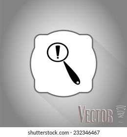 Magnifier with exclamation mark. Flat style. Made in vector