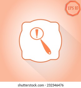 Magnifier with exclamation mark. Flat style. Made in vector