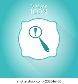 Magnifier with exclamation mark. Flat style. Made in vector