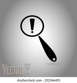 Magnifier with exclamation mark. Flat style. Made in vector