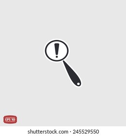 Magnifier with exclamation mark. Flat style. Made in vector