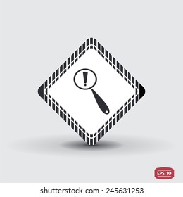 Magnifier with exclamation mark. Flat style. Made in vector