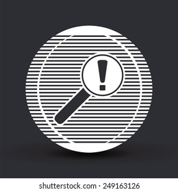 Magnifier with exclamation mark. Flat style. Made in vector