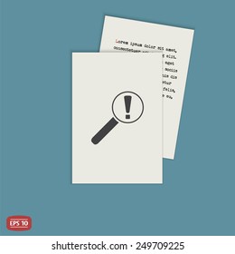 Magnifier with exclamation mark. Flat style. Made in vector