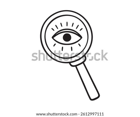 Magnifier with eye icon doodle hand drawn. Outline search vision concept line drawing clipart symbol. Vector illustration