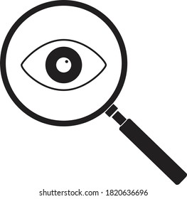 lupa con icono de ojo en el fondo de escritura. estilo plano. lupa y signo de ojo. símbolo de cristal de búsqueda.