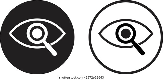 Magnifier with eye icon set in two styles . Eye magnifier icon . Vector illustration	